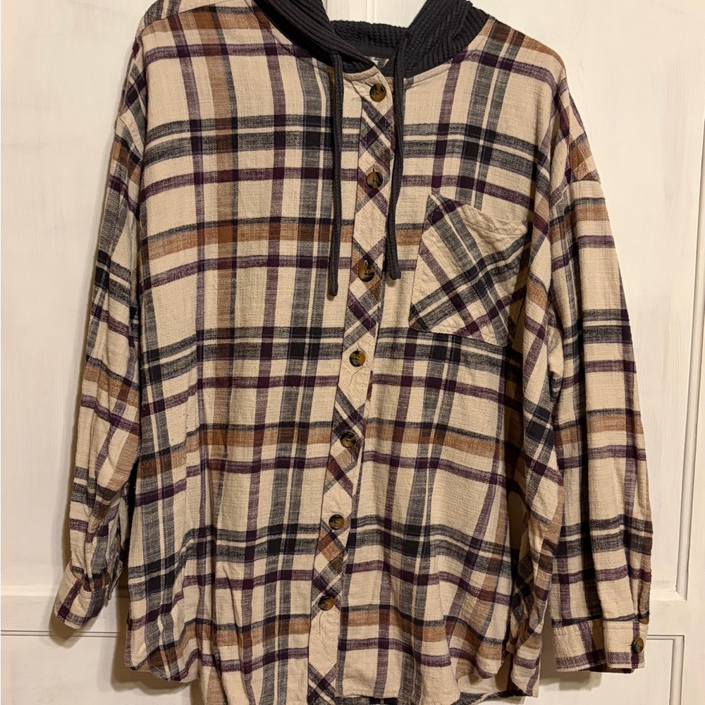 Maurices Gray and Cream Hooded Plaid Shirt